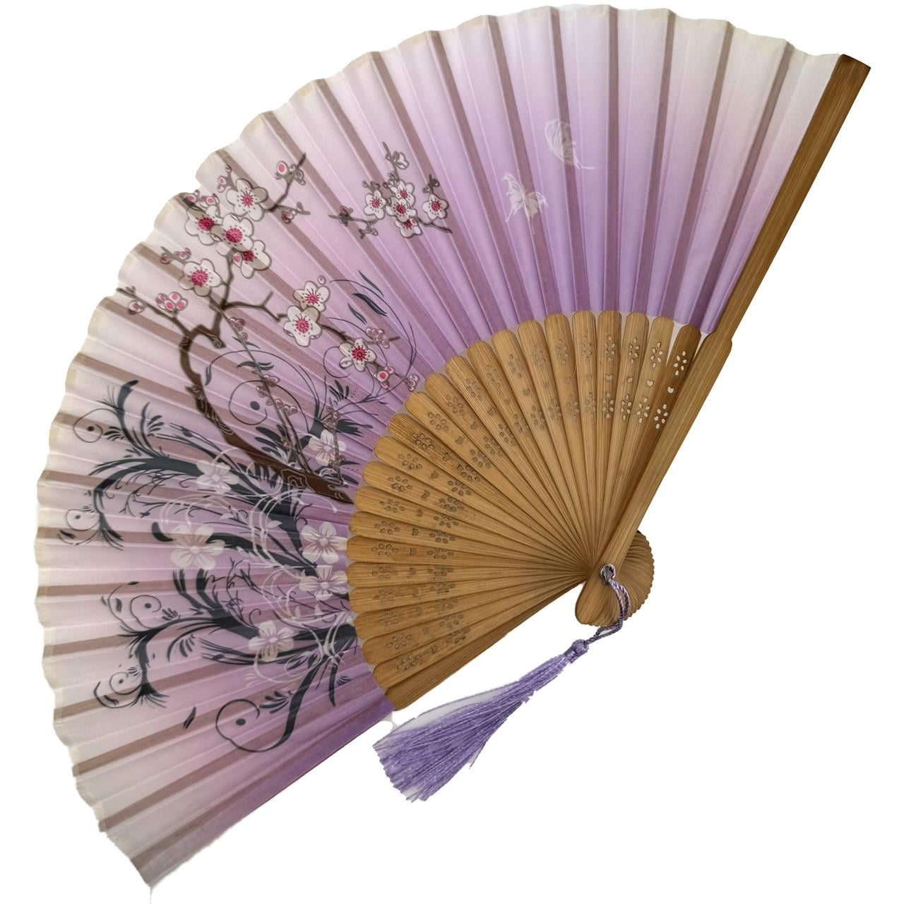 Віяло дерев'яне Квіти та метелики 21х37 см Бузковий (C5966)