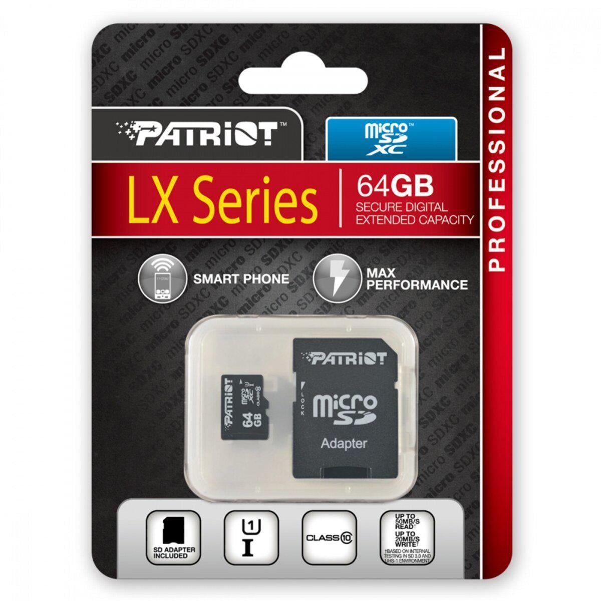 Карта памяти Patriot LX SERIES 64 Gb CLASS 10 ADAPTER с адаптером PSF64GMCSDXC10 (566764)