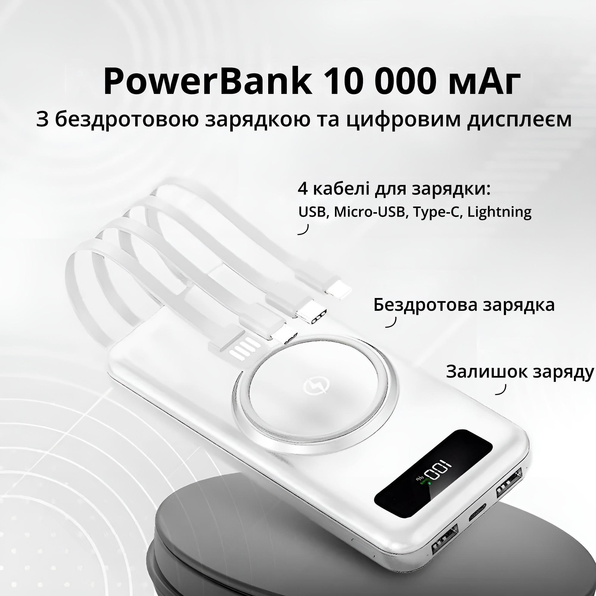 Портативный аккумулятор 10000 mAh Power Bank на 2 USB выхода и с беспроводной зарядкой Белый - фото 2