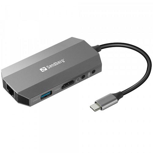 Док-станция Sandberg USB Type-C - HDMI/USB 3.0x2/RJ45/SD/TF/PD 100W 6в1 Grey (136-33)