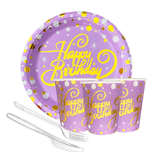 Набір одноразового посуду "Happy Birthday" на 10 персон Лавандовий (10886707)