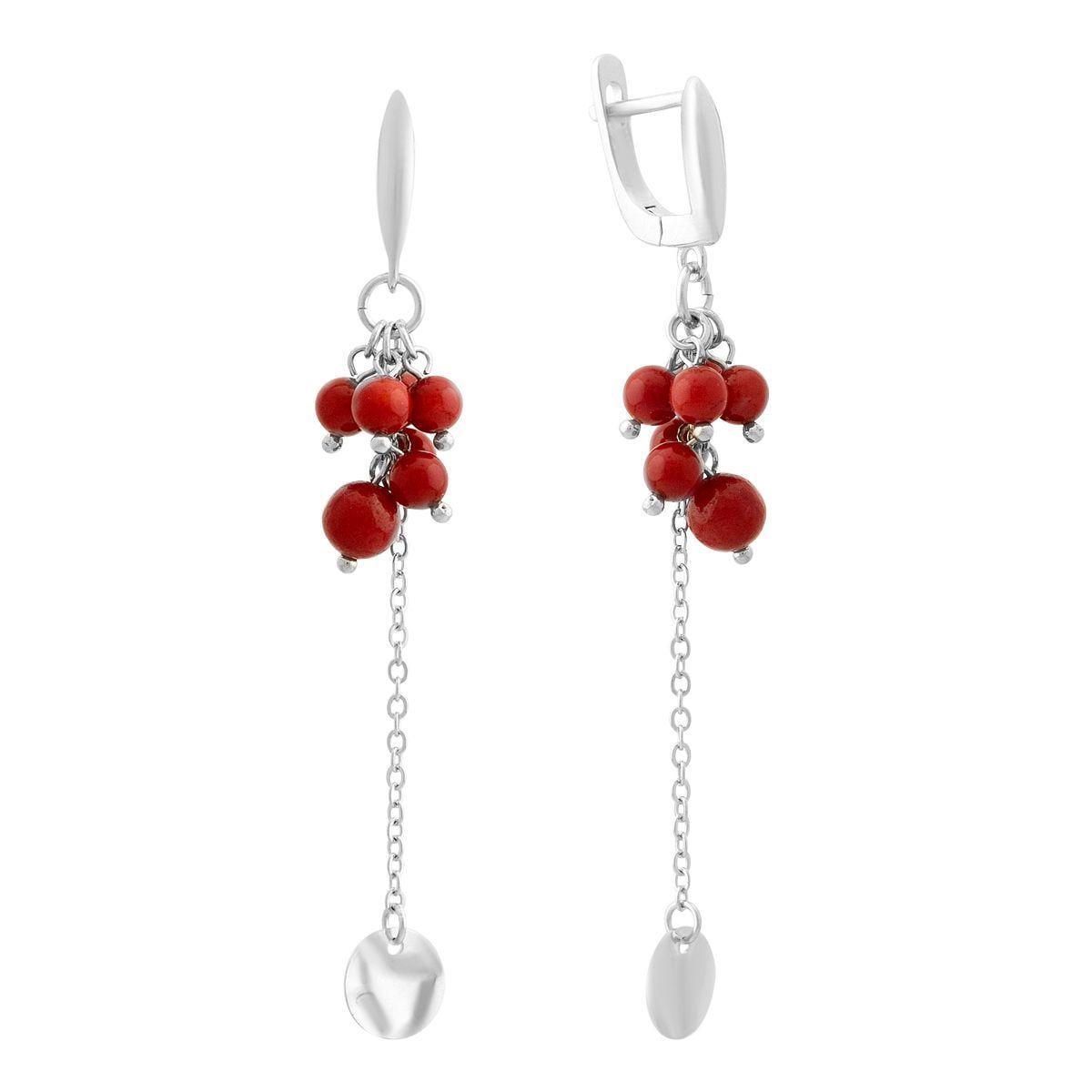 Серьги серебряные с подвесками и вставками коралла круглой формы