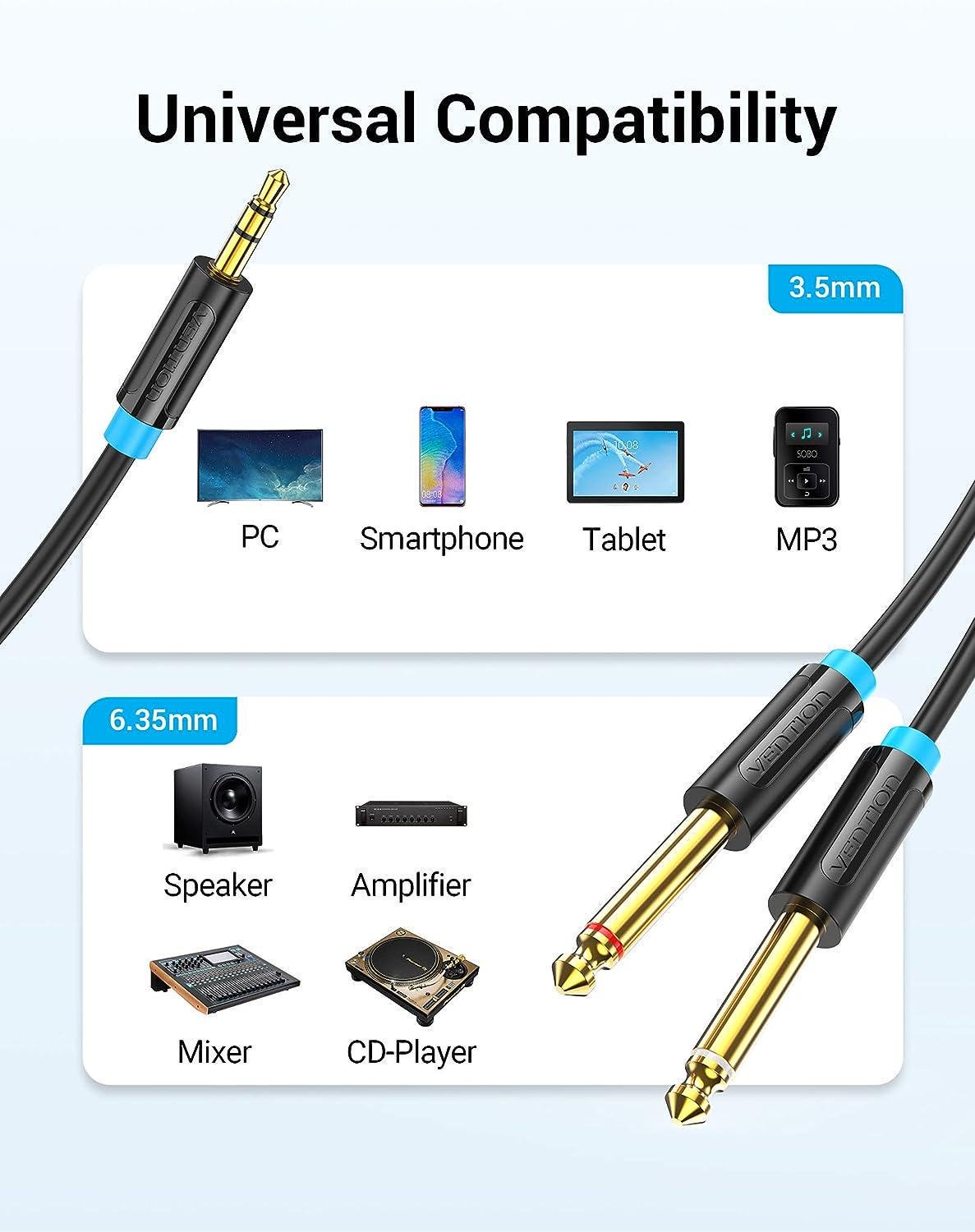 Кабель Vention 2x 6.5 мм Jack-3.5 мм minijack HiFi стерео AUX на 6.35 мм TRS L/R Канали TS 1/4" на TRS 1/8" 5 м Чорний (BACBJ) - фото 2 Кабель Vention 2x 6.5 мм Jack-3.5 мм minijack HiFi стерео AUX на 6.35 мм TRS L/R Канали TS 1/4" на TRS 1/8" 5 м Чорний (BACBJ) - фото 2