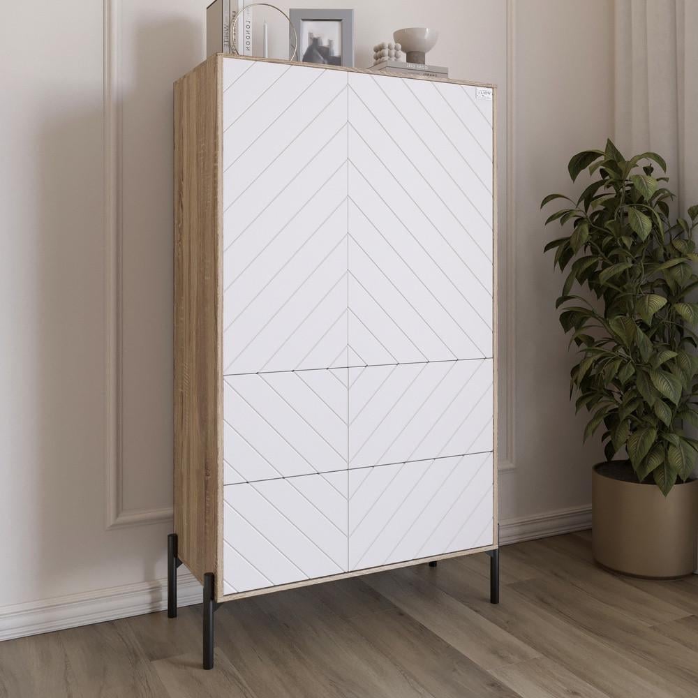 Комод-пенал с рельефной отделкой фасада и черными металлическими ножками Lion Амарант 84x40x150 см Дуб сонома трюфель/Белый (Lion-042145)