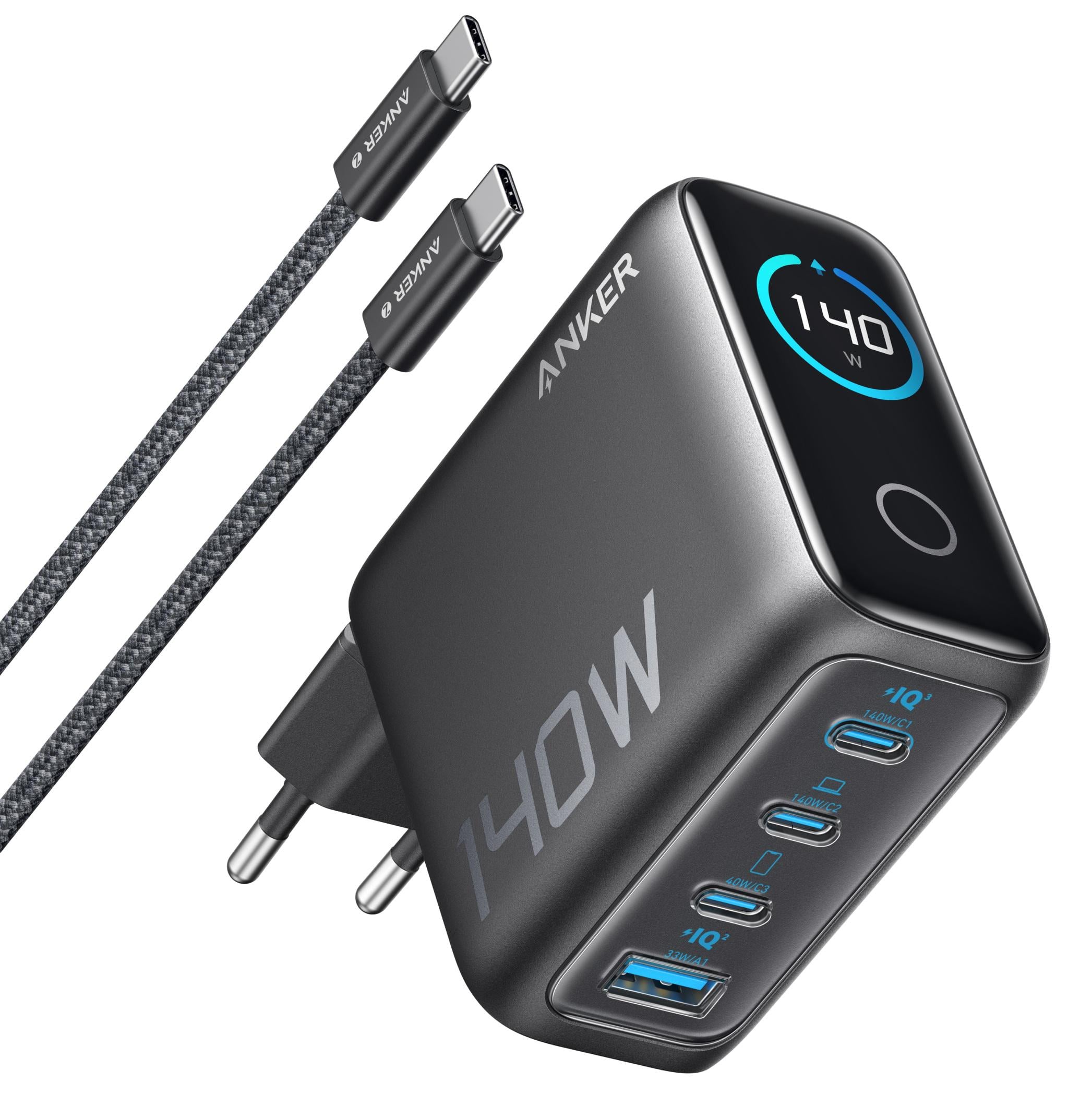 Зарядний пристрій ANKER Laptop GaN Charger 140W 3xUSB-C PD3.1 & 1xUSB-A w Display and Cable (UG-B2697GZ1)