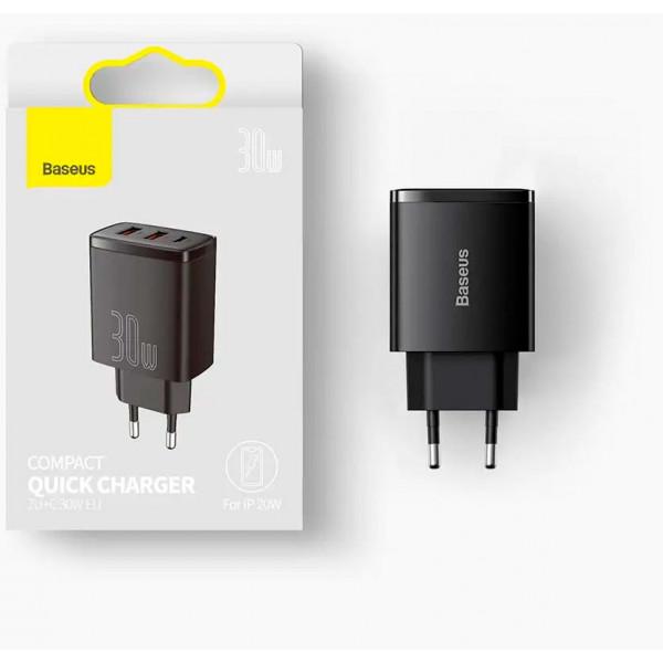 Зарядное устройство Baseus Compact Quick Charger Portable 2U+ C Three Ports 30W Black (CCXJ-E01) - фото 5