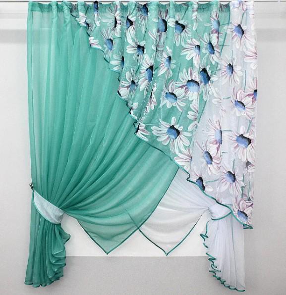 Комплект штор кухонных с подвязками 310х170 см Бирюзовый/Белый (063к)