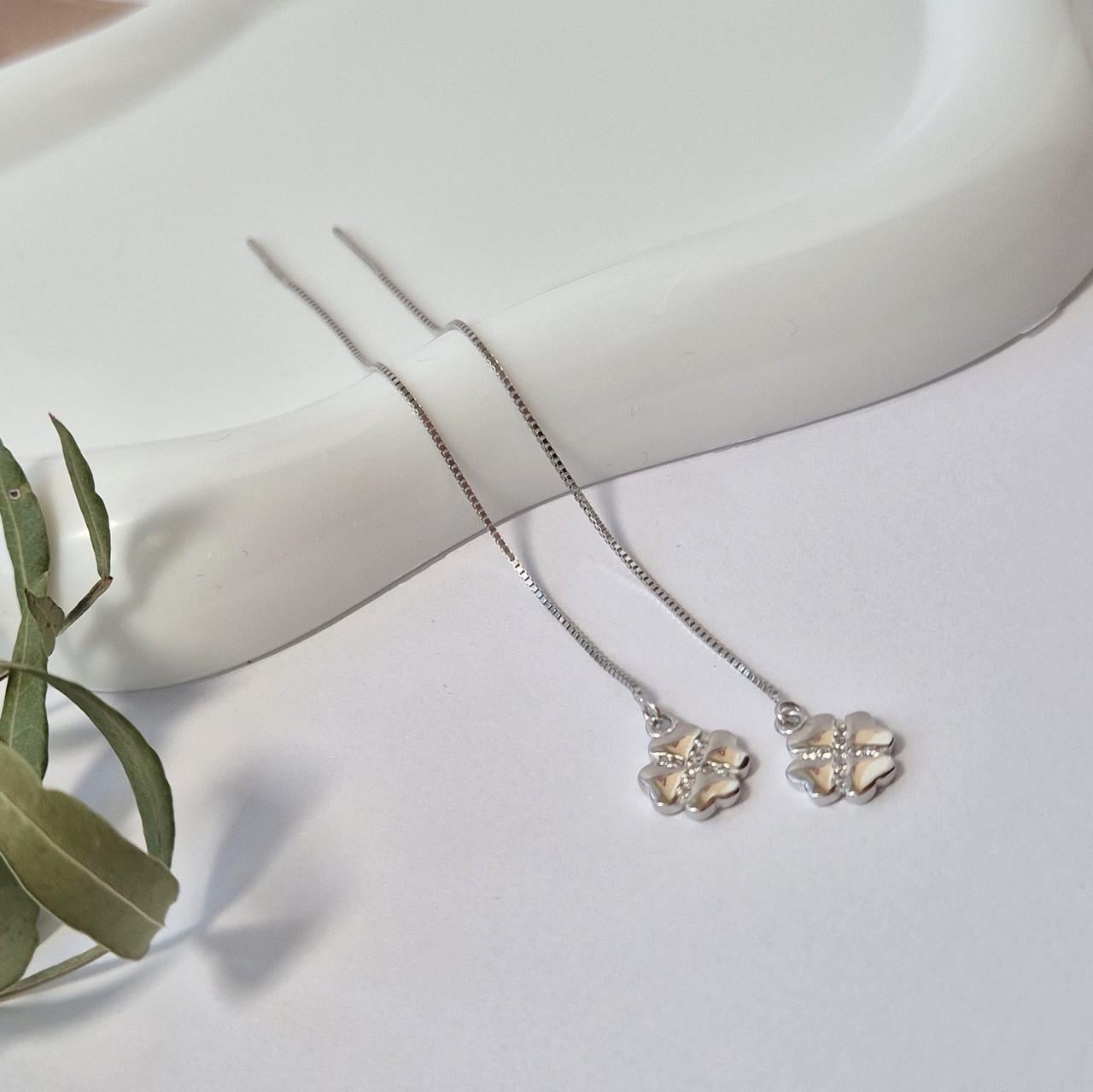 Серьги протяжки цепочки клевер с камнями серебро 925 пробы родированное 1,39 г (6682р)