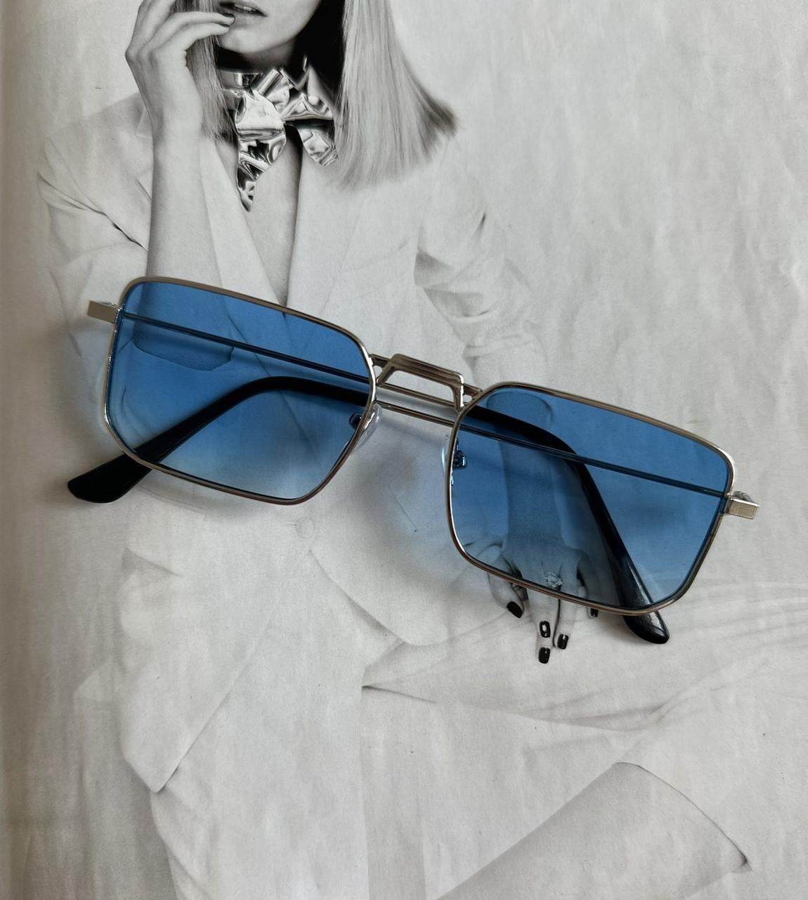 Очки прямоугольные голубая линза в серебряной оправе унисекс (45147)