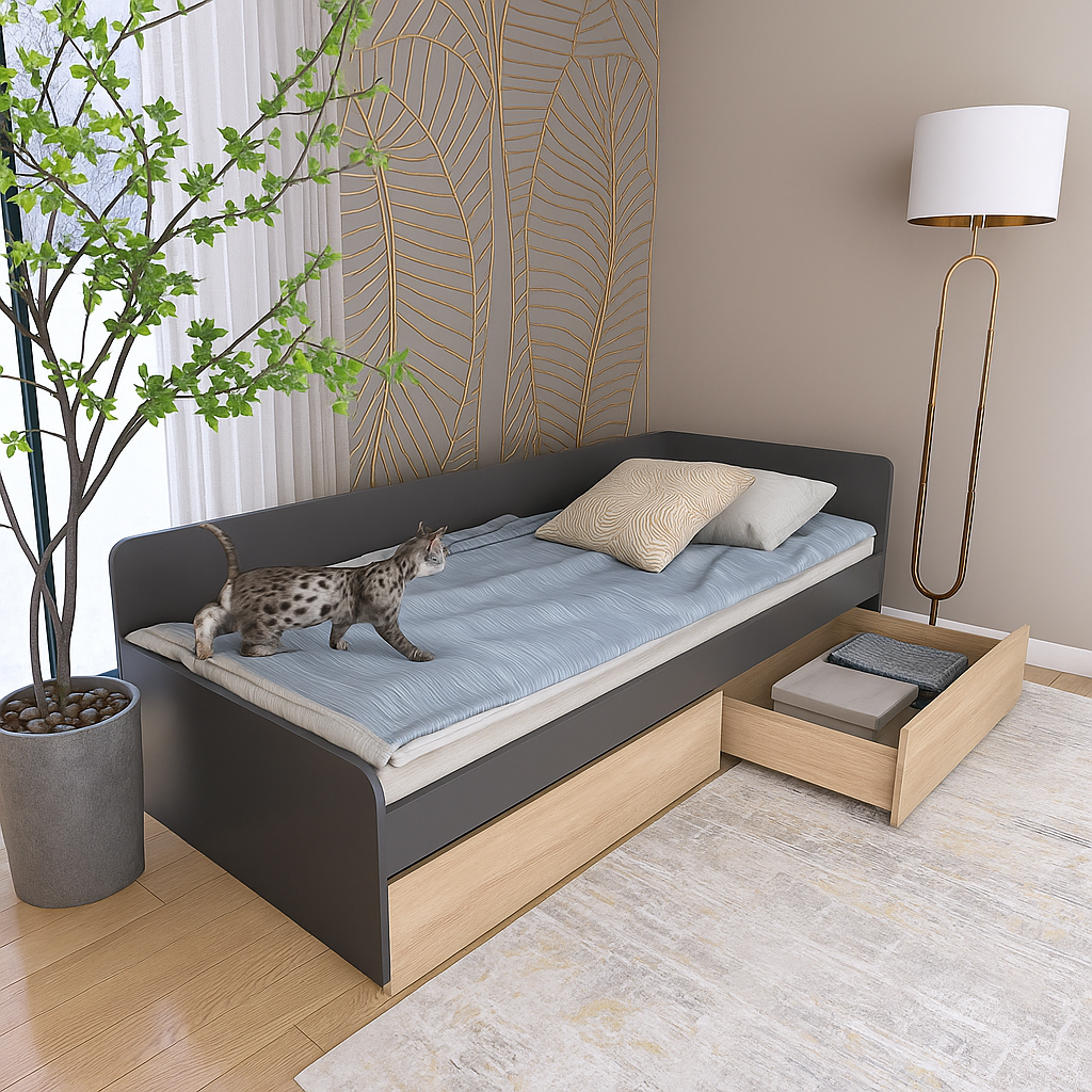 Кровать детская с ящиками Еверест 800 ЩИТ ДСП Графитовый/Дуб сонома (е-207461)