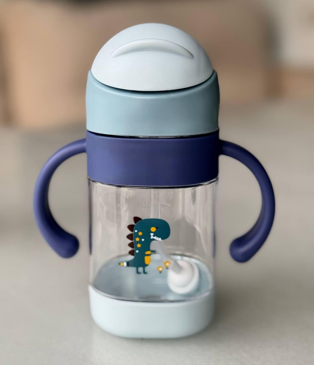 Поильник непроливайка силиконовой с трубочкой с ручками динозавром 300 мл Синий