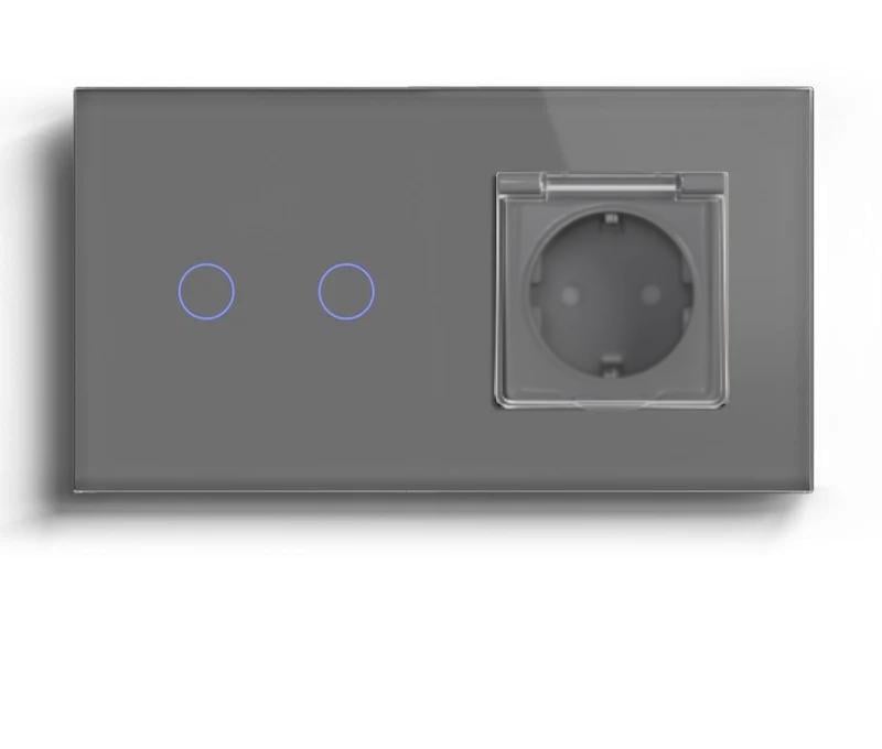 Выключатель разумный LUXION IP44 с розеткой сенсорный/двойной/проходной с заземлением/шторками/крышкой Серый