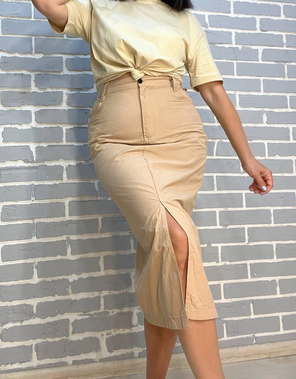 Спідниця жіноча MIX RAY 4261 коттонова французька довжина з розрізом попереду L Капучино (2239) - фото 6