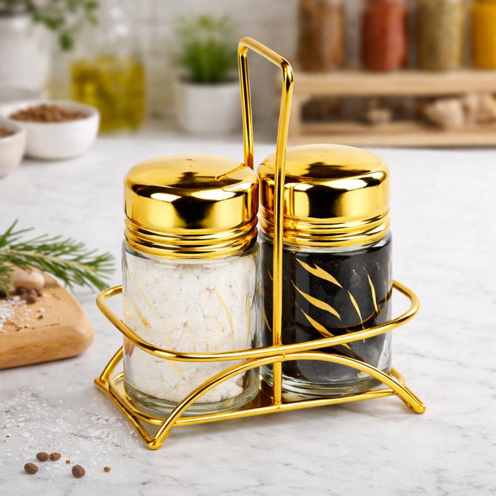 Набір для спецій сільничка і перечниця скляні на підставці 2 шт. Золотистий (37-124717)