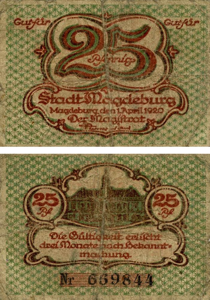 Коллекционная банкнота Германия Нотгельд 25 пфеннигов 1920 G-VG Магдебург (Б18864)