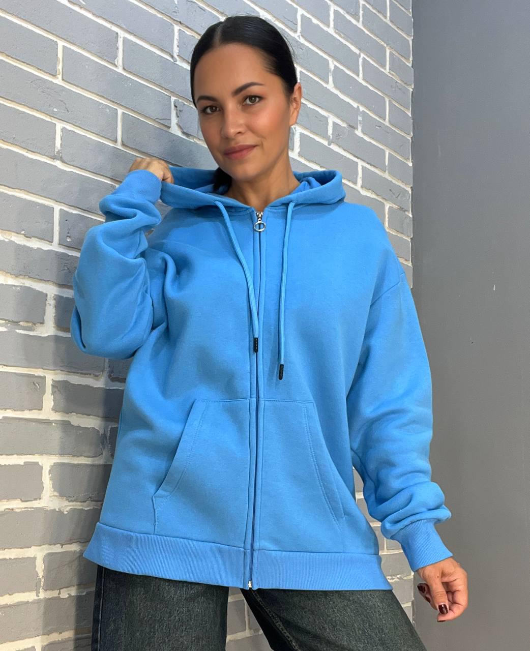 Толстовка жіноча QUZEN 482 подовжена на блискавці капюшон базова фліс утеплена OS Блакитний (993) - фото 1