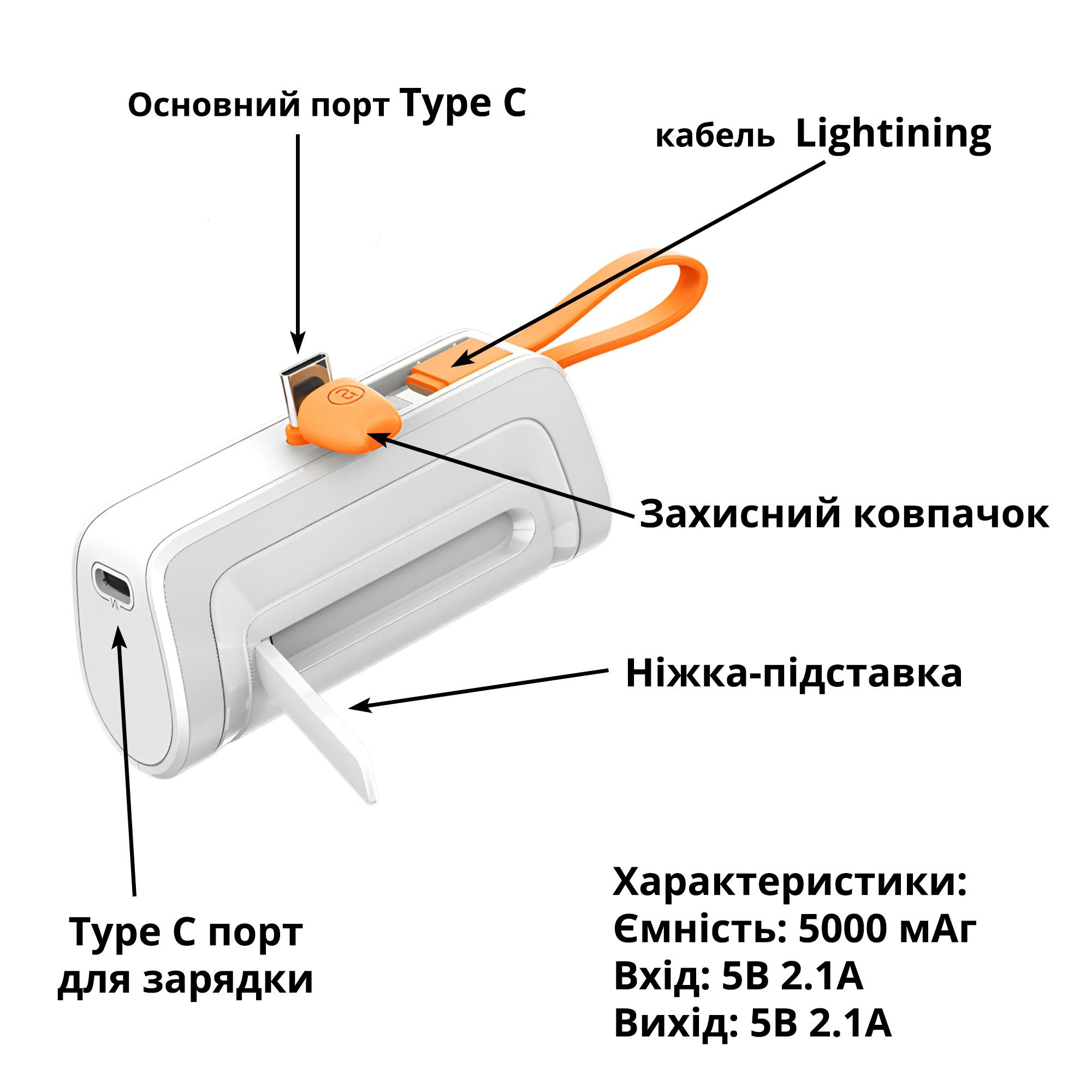 Аккумулятор портативный 5000 мАч Power Bank с Type C портом и кабелем Lightinig Белый - фото 4