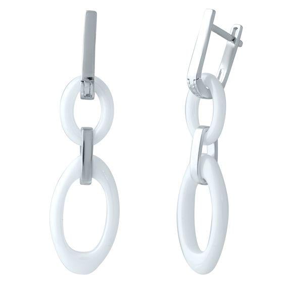 Сережки срібні з білою керамікою у вигляді ланцюга