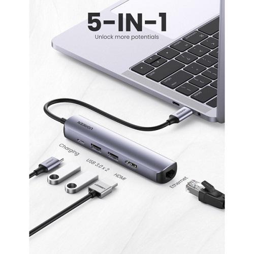 Док-станція Ugreen CM418 USB Type-C - HDMI/USB 3.0x2/RJ45/PD Сірий (10919) - фото 2