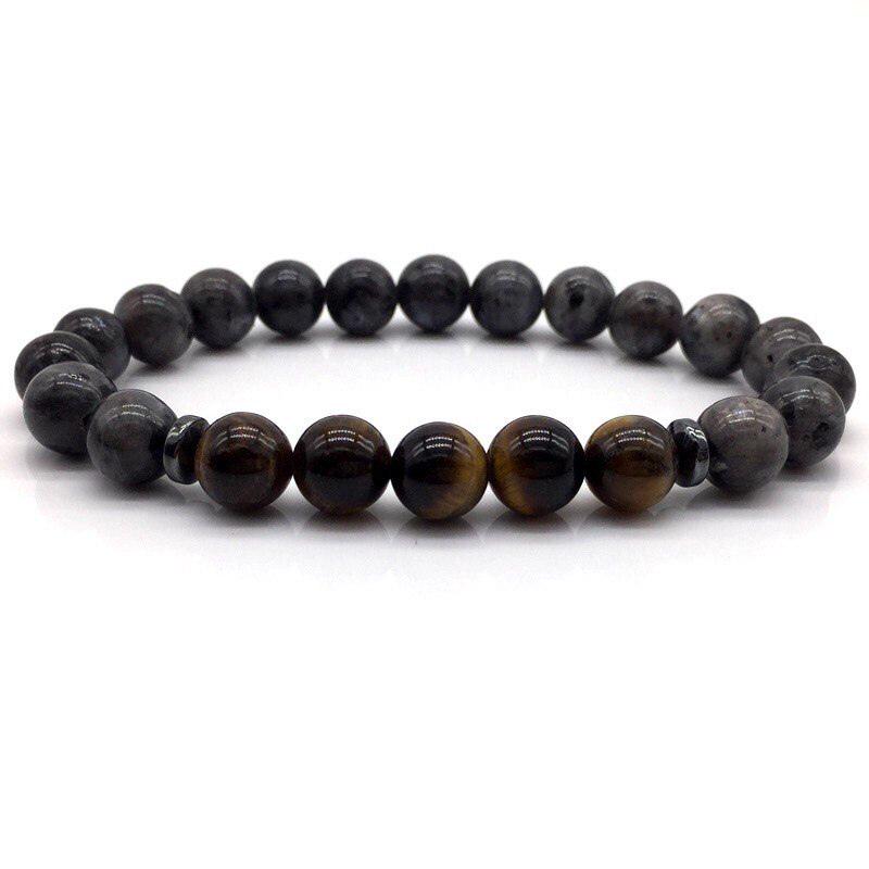 Браслет з лабрадориту та тигрового ока з дисками р. 18 (80103)