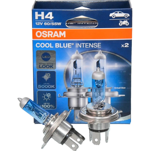 Галогенные лампы OSRAM H4 Cool Blue Intense Next Gen +100% 12V 60/55W P43t белый свет для авто 2 шт. (64193CBN-2HB) Галогенные лампы OSRAM H4 Cool Blue Intense Next Gen +100% 12V 60/55W P43t белый свет для авто 2 шт. (64193CBN-2HB)