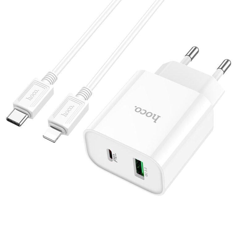 Зарядний пристрій з кабелем Hoco C80A Plus Rapido PD20W+QC3.0 Charger Set C to iP White (6931474779892)