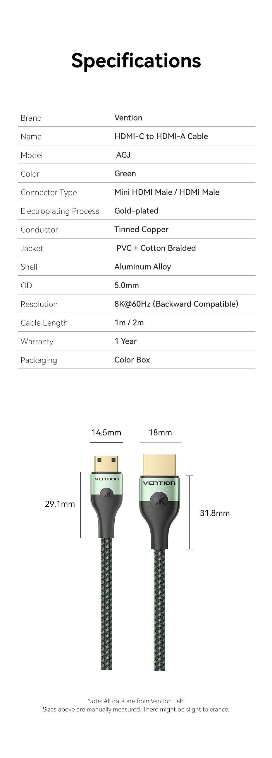 Кабель Vention Mini HDMI на HDMI 8K 60Hz 48Gbps динамический HDR eARC 2 м Зеленый (AGJGH) - фото 10