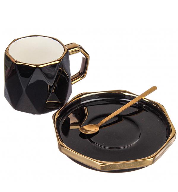 Чашка керамическая Elite с ложечкой и блюдцем 220 мл Черный (514036)