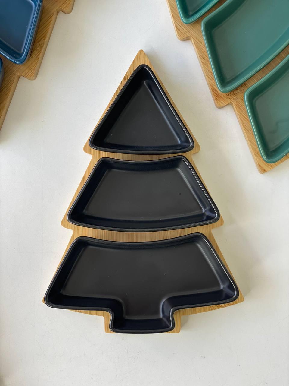 Менажниця Olens Ялинка керамічна на бамбуковій підставці 3-х секційна Чорний (8030-389)