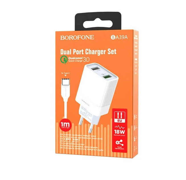 Зарядное устройство кружевное Borofone BA39A Speedway 2Port QC3.0 USB to Type-C White (м00186)