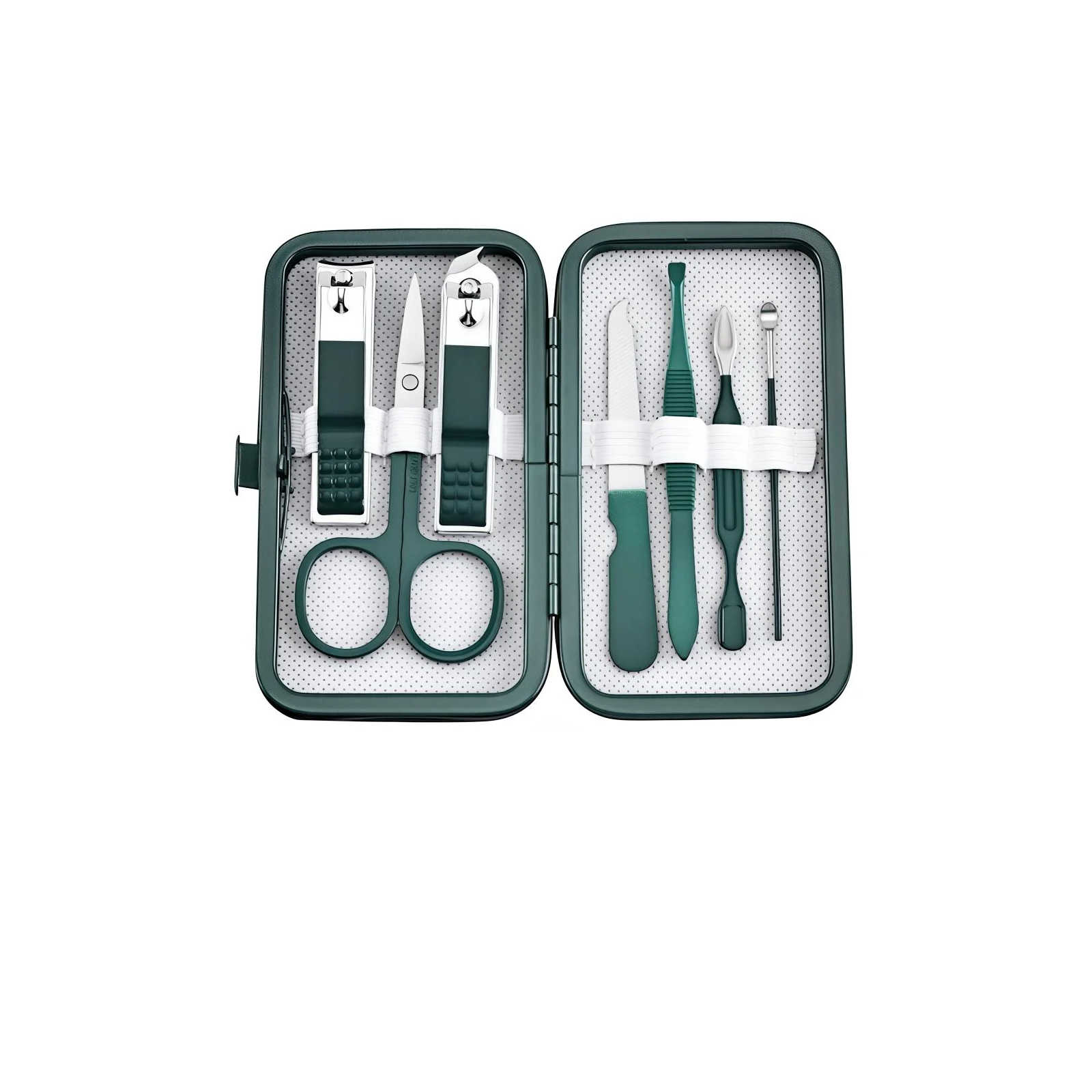 Набор дорожный для ухода за ногтями из нержавеющей стали в футляре из экокожи 7 пр. Зеленый (MANNAB-GRN-1442)