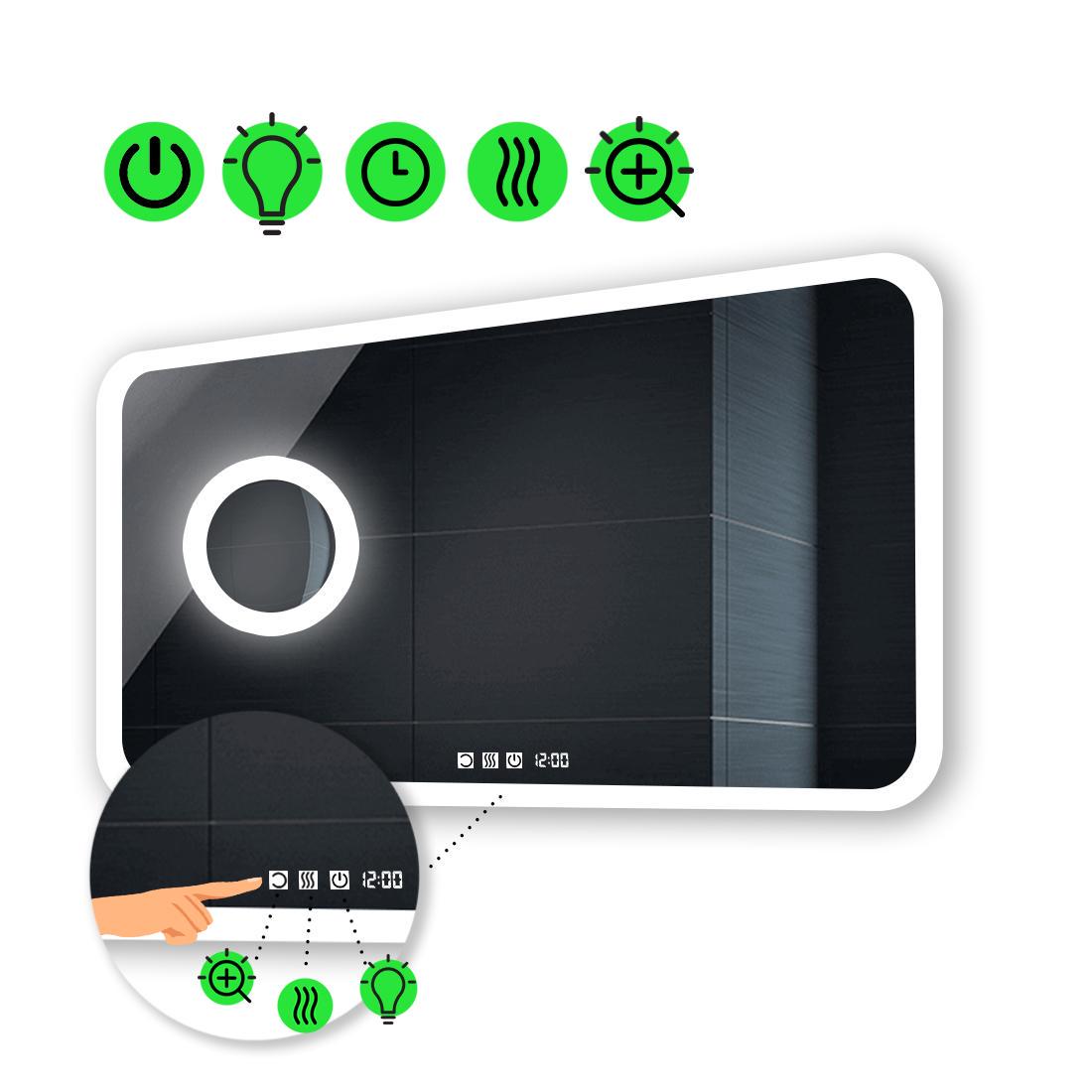 Зеркало с LED подсветкой Ahana с тремя сенсорами/часами/подогревом и линзой с подсветкой 70x60 см (Ahanag09)