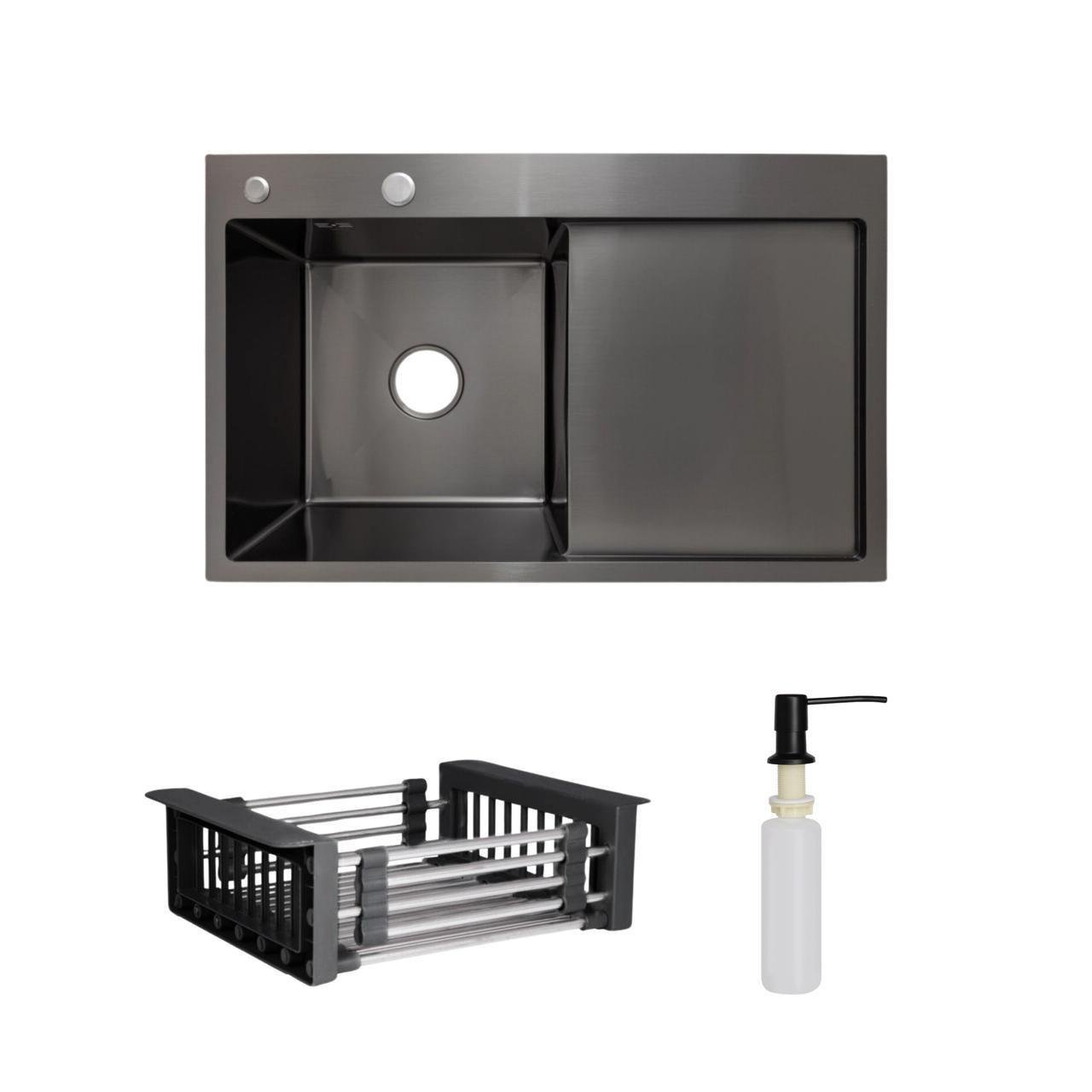Комплект Lidz Handmade H7849BR мийка для кухні інтегрована крило праворуч з дозатором та Lidz K01B кошик для сушки Black PVD Комплект Lidz Handmade H7849BR мийка для кухні інтегрована крило праворуч з дозатором та Lidz K01B кошик для сушки Black PVD