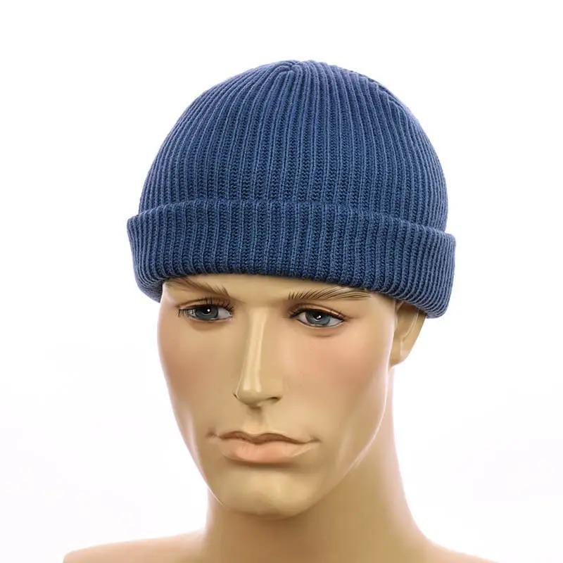 Шапка мини-бини унисекс с отворотом двойная вязка one size Джинс