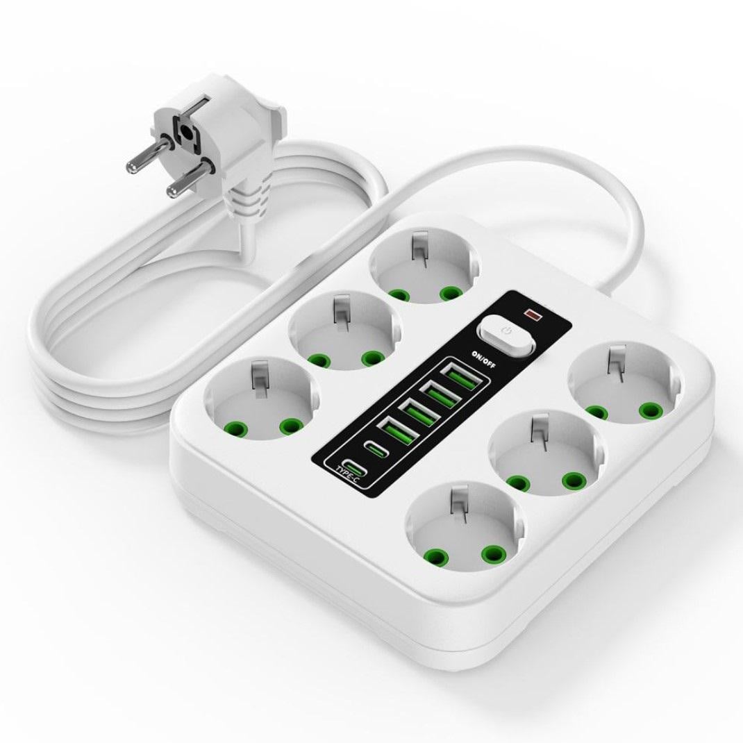 Удлинитель с предохранителем 6 розетками/4 USB/2 Type C с заземлением 2500 Вт 3 м Белый (38136769)