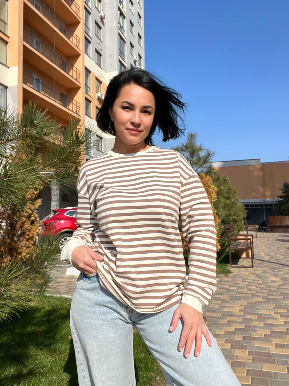 Лонгслів жіночий TEXTURE 1255 реглан смуга вільний крій OS Бежевий (1433) - фото 4