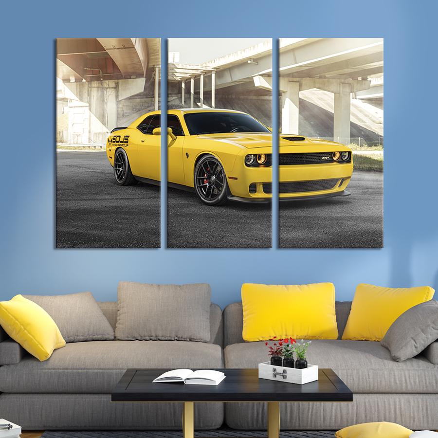 Картина на холсте триптих Dodge Challenger жёлтого цвета 78x48 см (1312-31)