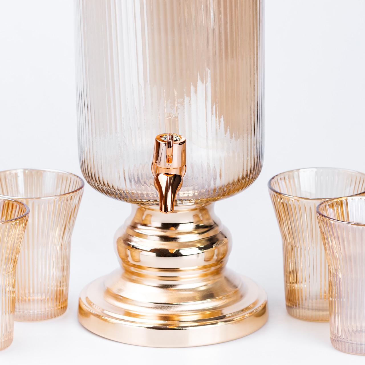 Лимонадница стеклянная с краном на металлической ножке с 6 стаканами 2 л Золотой - фото 4