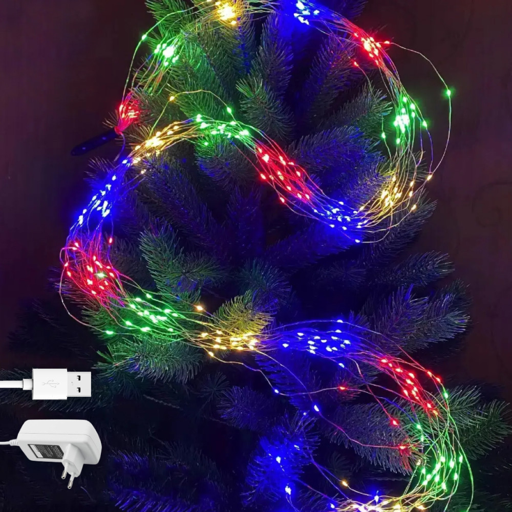 Светодиодная гирлянда Конский хвост Роса на елку 200 LED от USB 10 нитей по 2 м Мультиколор