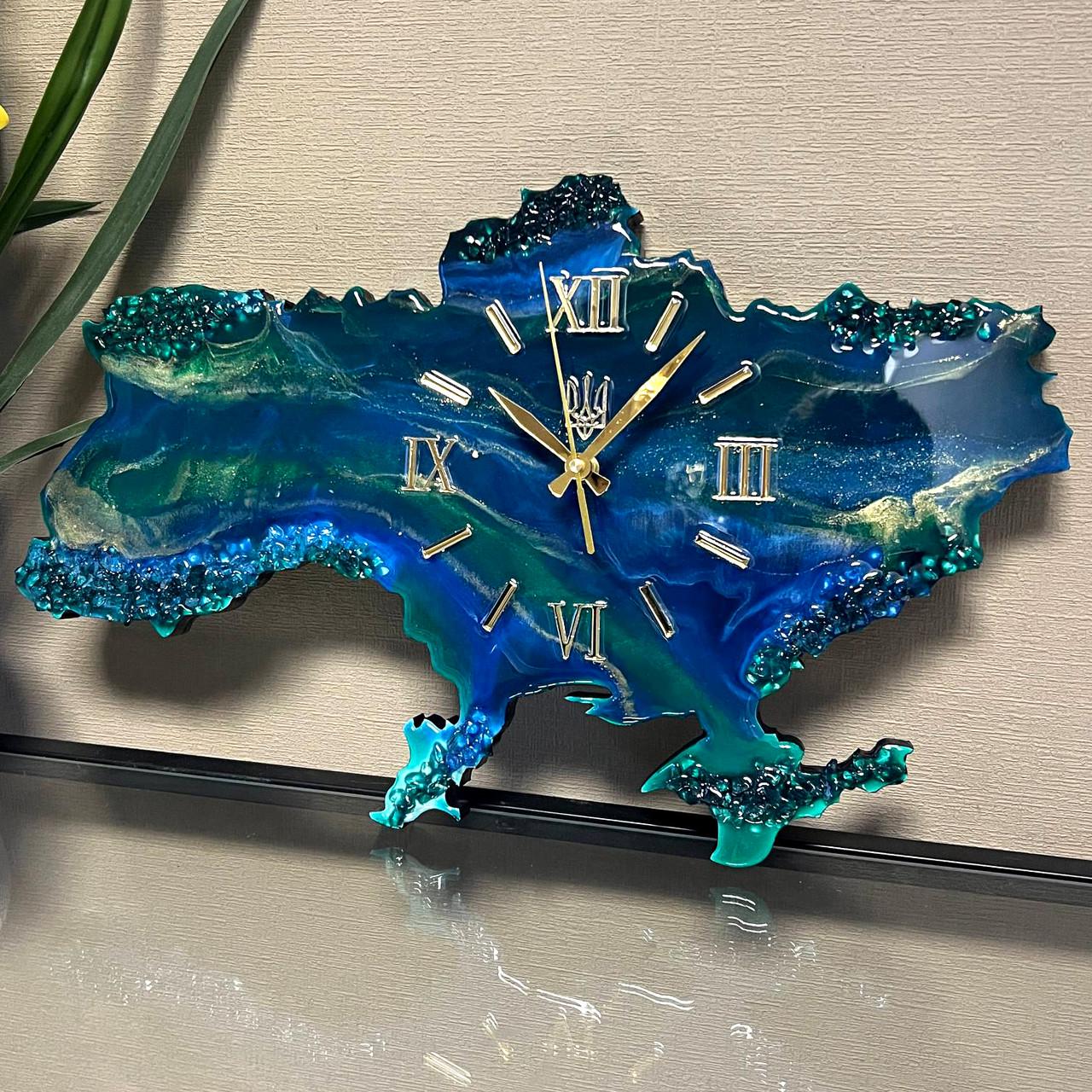 Часы настенные из эпоксидной смолы Карта Украины 40x25 см