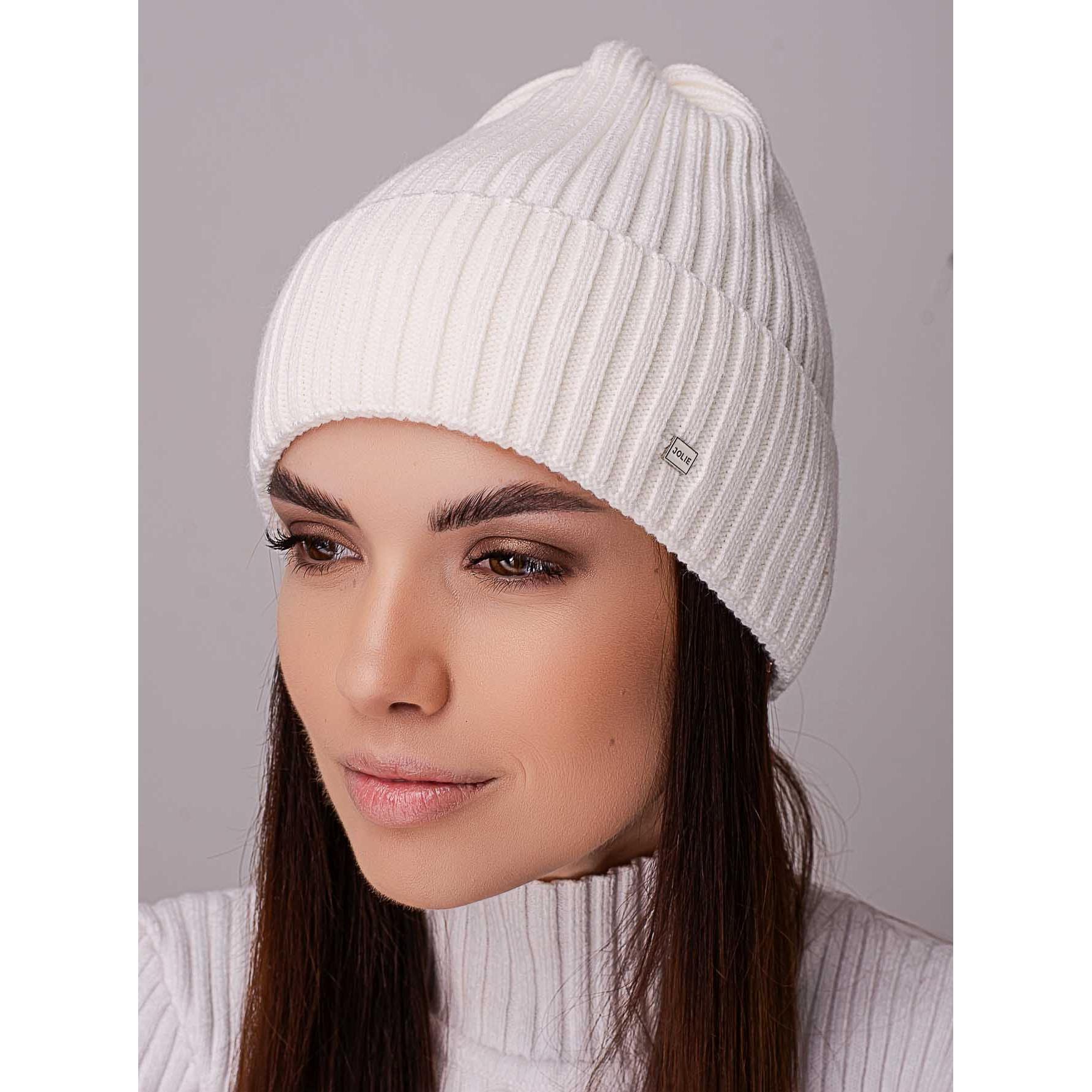Шапка жіноча ковпак з відворотом без підкладки в широкий рубчик Leks Ковель Молочний - фото 1