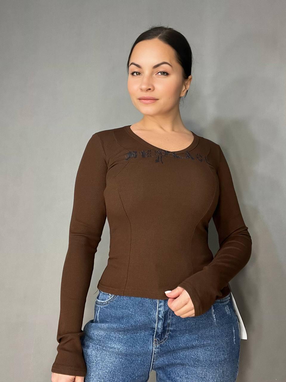 Лонгслів жіночий A-N 25079 рубчик реглан v-виріз корсетні шви OS Коричневий (3453) - фото 5 Лонгслів жіночий A-N 25079 рубчик реглан v-виріз корсетні шви OS Коричневий (3453) - фото 5