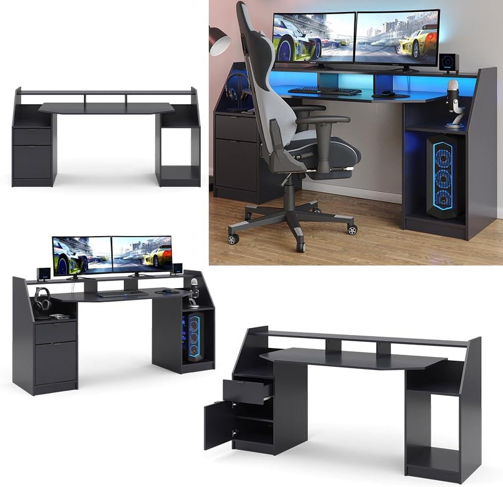 Компьютерный стол игровой с LED подсветкой/шкафчиком и выдвижным ящиком 180 см Черный (MS314) - фото 6