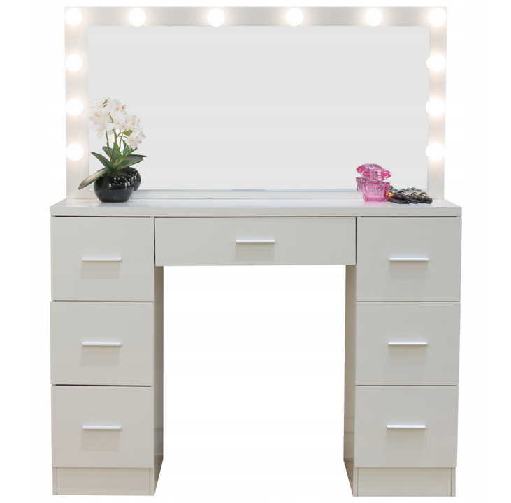 Столик косметический TL08-BL808-LED-BIALA с зеркалом LED-подсветкой 12 ламп 7 ящиков Белый