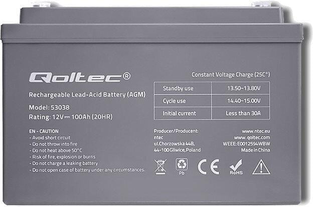 Аккумулятор QOLTEC 53038 100 Ah 12V (15214686) - фото 2 Аккумулятор QOLTEC 53038 100 Ah 12V (15214686) - фото 2