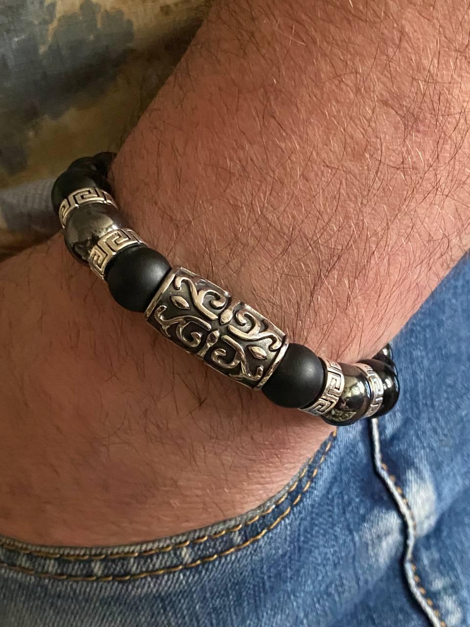 Браслет LITAURS натуральный камень агат/гематит с металлическими вставками L 18-21 см (241205-1) - фото 3