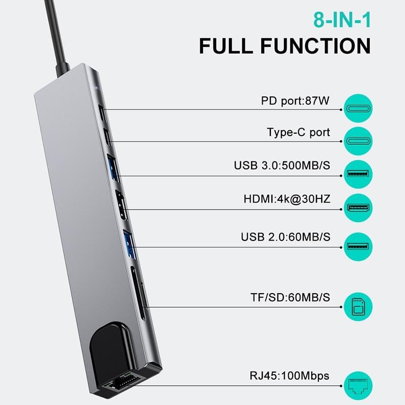 USB-хаб PD100W Type-C 8в1 (HUB-8-IN-1) - фото 2