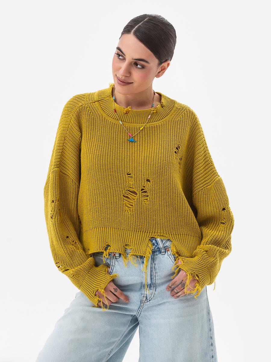 Свитер женский с рваным эффектом SVTR р. 42-50 Горчичный (562) - фото 4