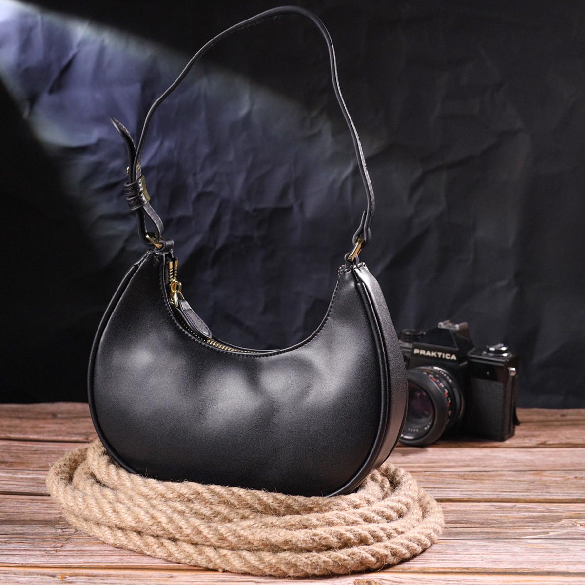 Сумка-хобо женская Vintage Bag 21288 из натуральной гладкой кожи 22,5х11х6 см Черный - фото 6