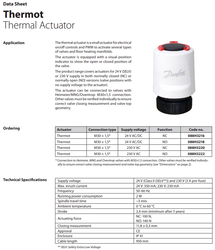Термоэлектрический привод Danfoss Thermot M 30 x 1,5 (088H3220) - фото 2